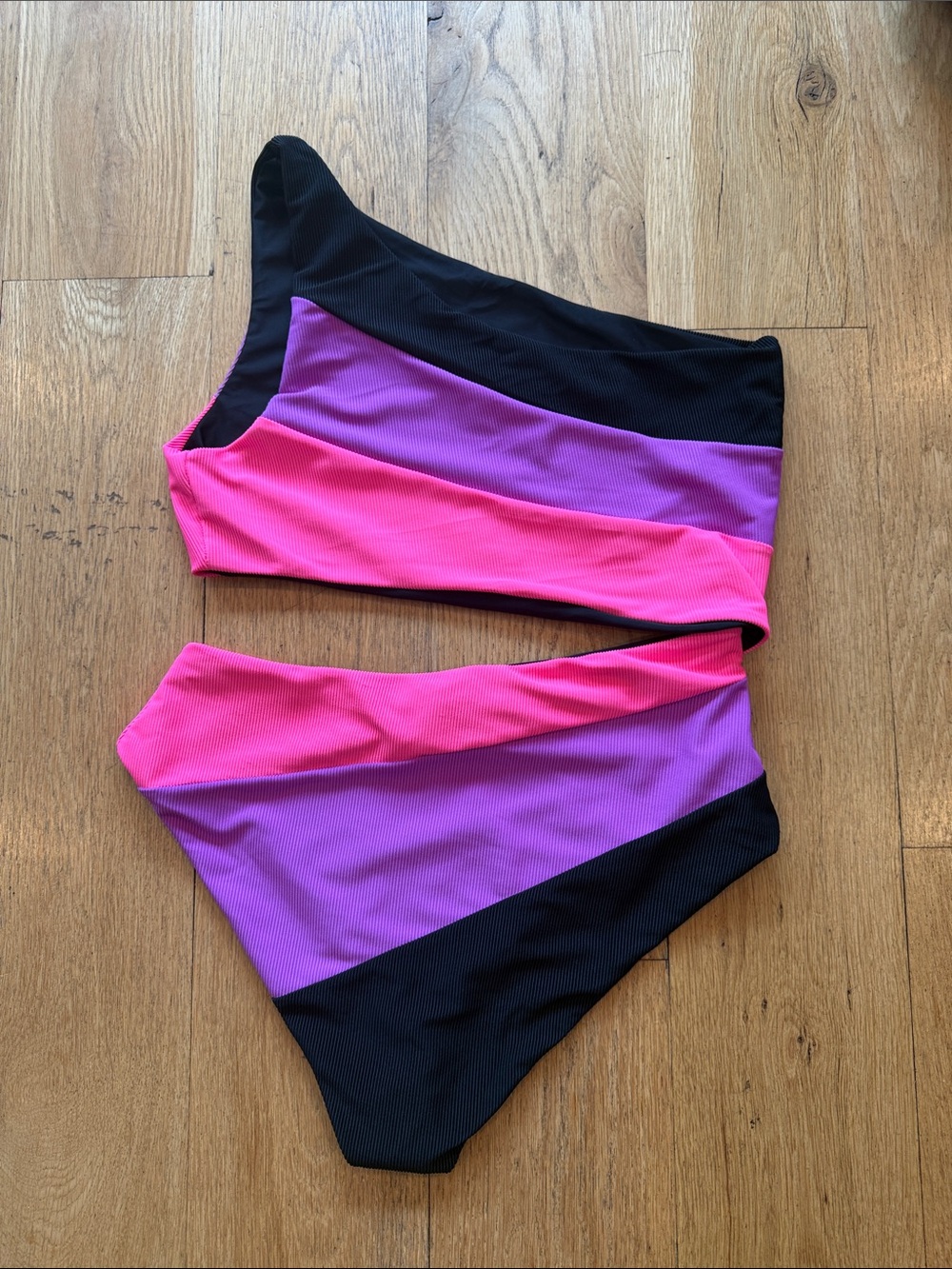 Beach Riot One-Shoulder Colorblock One-Piece in Pink, Purple & Black